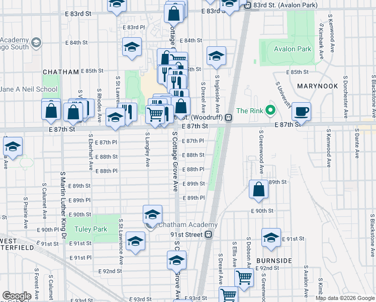 map of restaurants, bars, coffee shops, grocery stores, and more near 820 E 88th St in Chicago