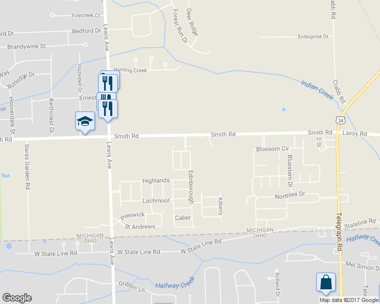 map of restaurants, bars, coffee shops, grocery stores, and more near 477 Edinborough in Temperance