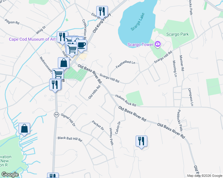 map of restaurants, bars, coffee shops, grocery stores, and more near 6 Hokum Rock Road in Dennis