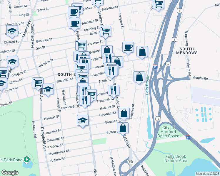 map of restaurants, bars, coffee shops, grocery stores, and more near 15 Roosevelt Street in Hartford