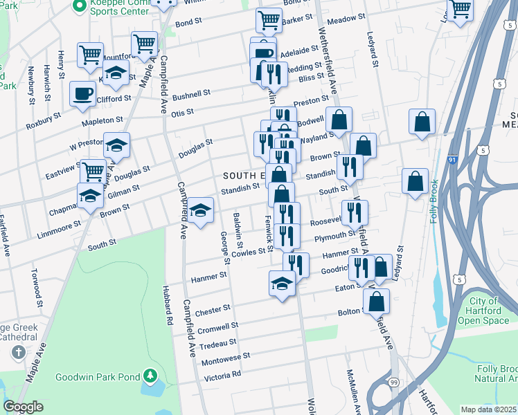 map of restaurants, bars, coffee shops, grocery stores, and more near 23 Fenwick Street in Hartford