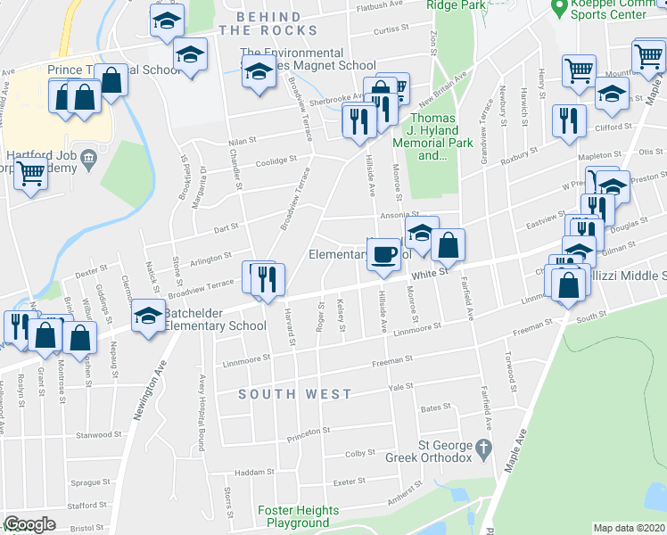map of restaurants, bars, coffee shops, grocery stores, and more near 282 White Street in Hartford