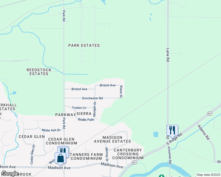 map of restaurants, bars, coffee shops, grocery stores, and more near 2565 Dorchester Road in Painesville