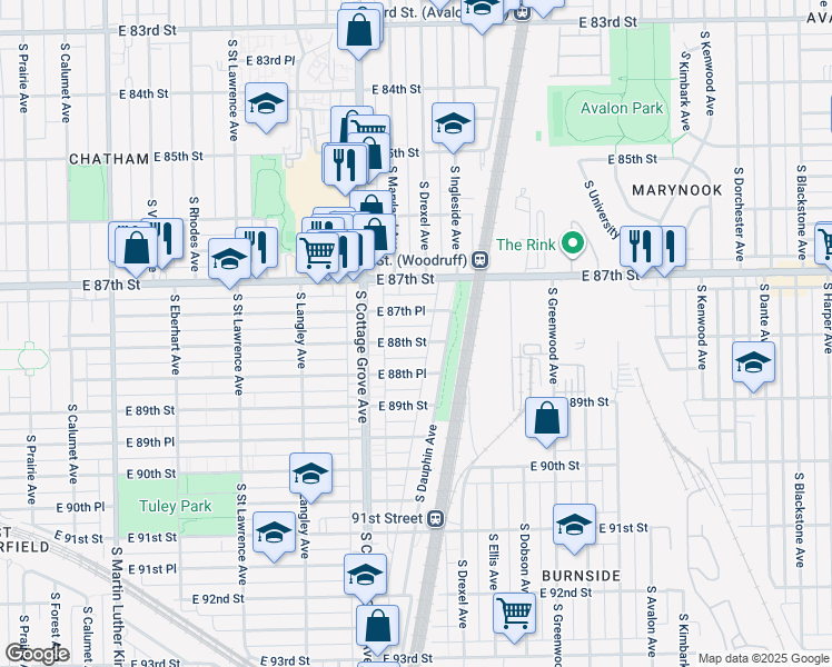 map of restaurants, bars, coffee shops, grocery stores, and more near 845 East 88th Street in Chicago