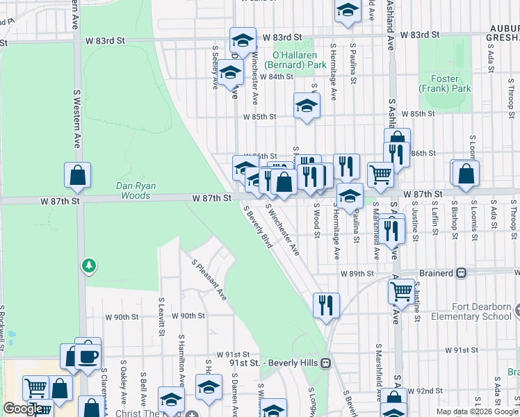 map of restaurants, bars, coffee shops, grocery stores, and more near 8715 South Beverly Boulevard in Chicago