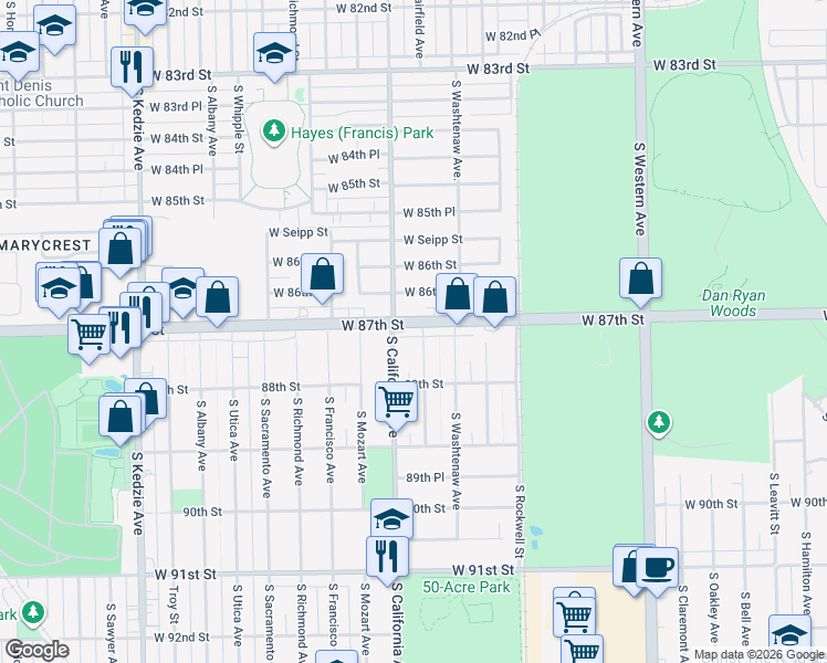 map of restaurants, bars, coffee shops, grocery stores, and more near 8726 South Fairfield Avenue in Evergreen Park