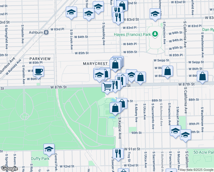 map of restaurants, bars, coffee shops, grocery stores, and more near 8700 S Kedzie Ave in Evergreen Park