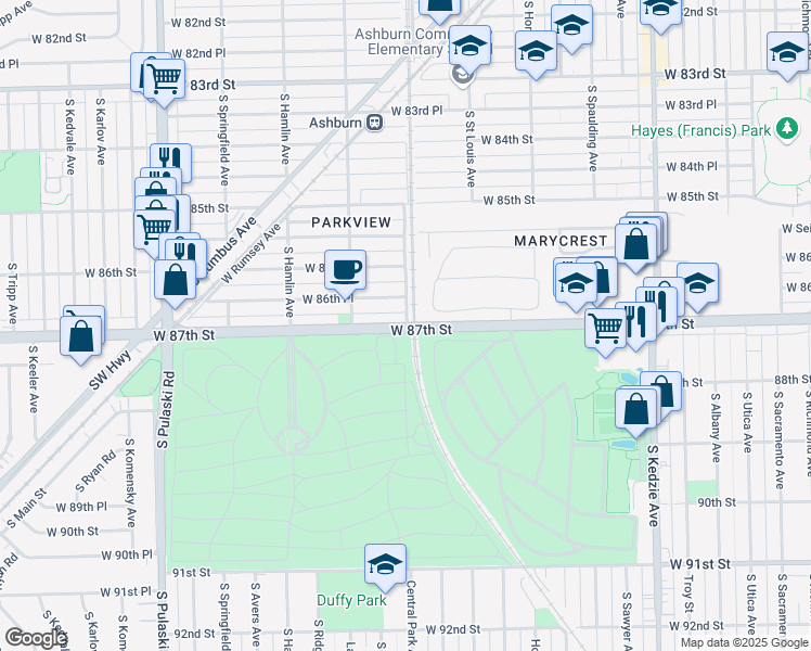 map of restaurants, bars, coffee shops, grocery stores, and more near 3608 West 87th Street in Chicago
