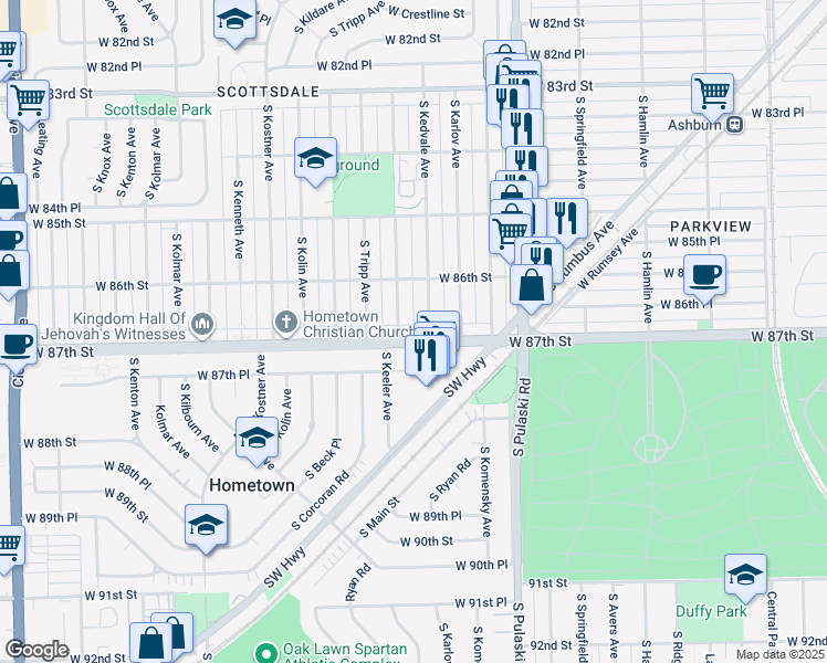 map of restaurants, bars, coffee shops, grocery stores, and more near 4157 West 87th Street in Hometown