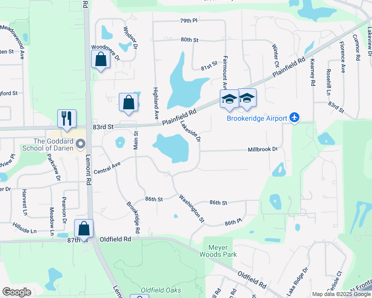 map of restaurants, bars, coffee shops, grocery stores, and more near 8408 Lakeside Drive in Downers Grove