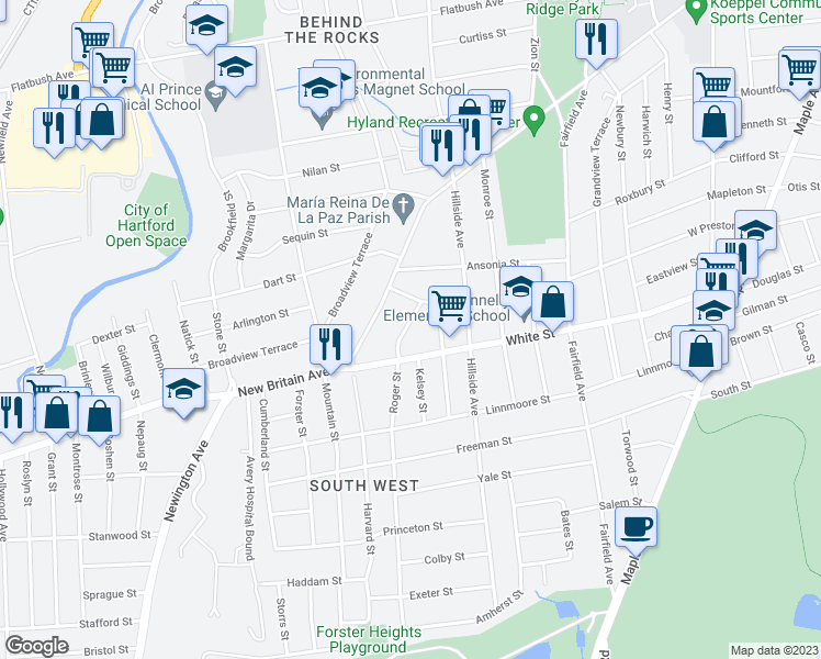 map of restaurants, bars, coffee shops, grocery stores, and more near 24 Roger Street in Hartford