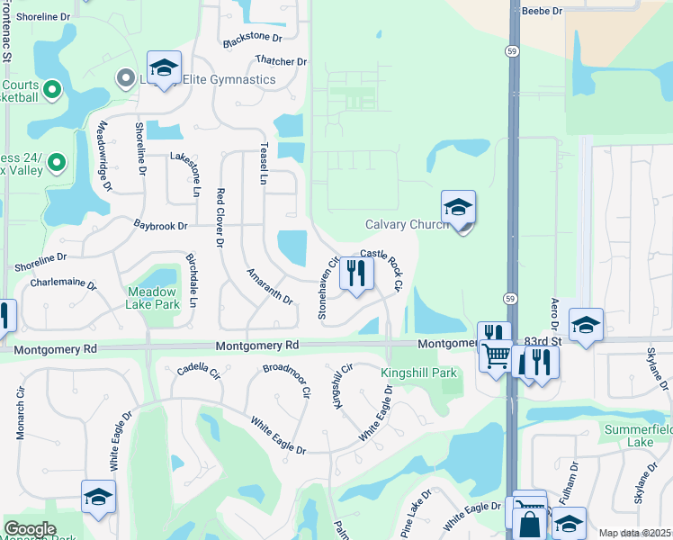 map of restaurants, bars, coffee shops, grocery stores, and more near 1112 Stonehaven Circle in Aurora