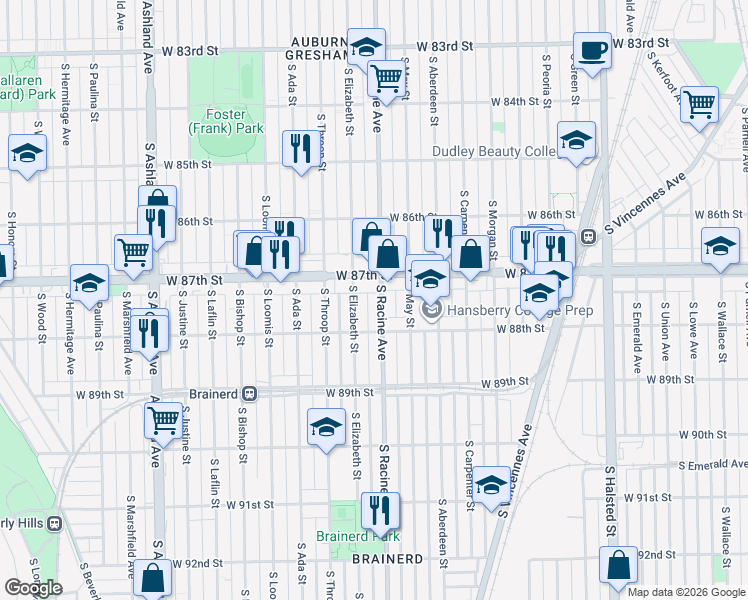 map of restaurants, bars, coffee shops, grocery stores, and more near 8747 South Elizabeth Street in Chicago