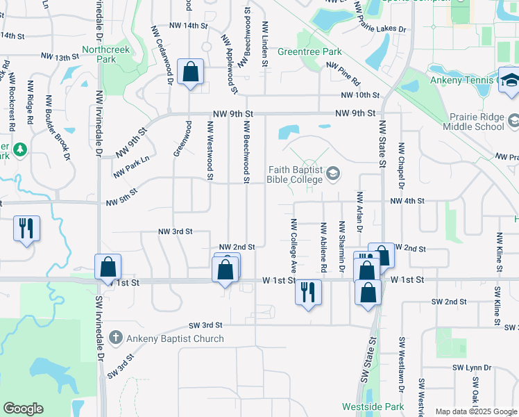 map of restaurants, bars, coffee shops, grocery stores, and more near 305 Northwest Linden Street in Ankeny