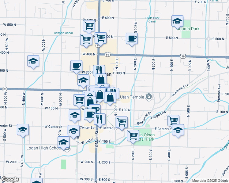 map of restaurants, bars, coffee shops, grocery stores, and more near 90 East 200 North in Logan