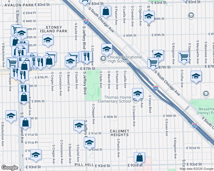 map of restaurants, bars, coffee shops, grocery stores, and more near 8800 South Merrill Avenue in Chicago