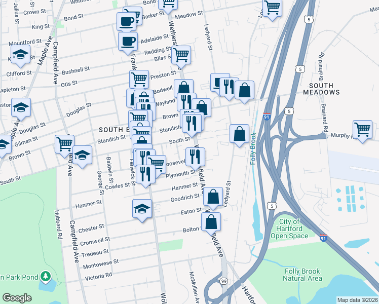 map of restaurants, bars, coffee shops, grocery stores, and more near 755 Wethersfield Avenue in Hartford