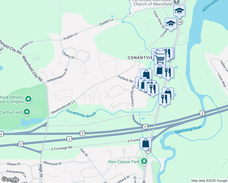 map of restaurants, bars, coffee shops, grocery stores, and more near 18e Ledgebrook Drive in Mansfield
