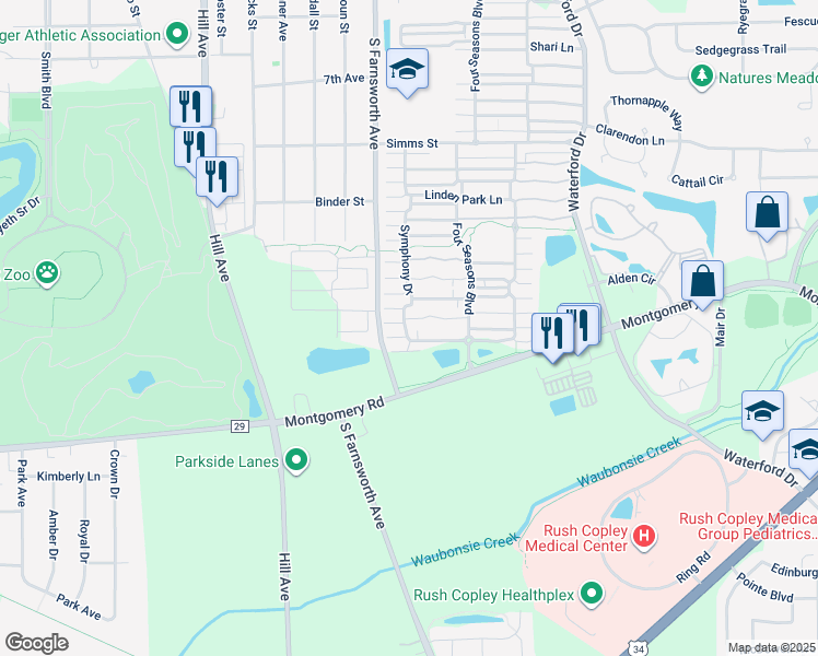 map of restaurants, bars, coffee shops, grocery stores, and more near 1125 Symphony Drive in Aurora