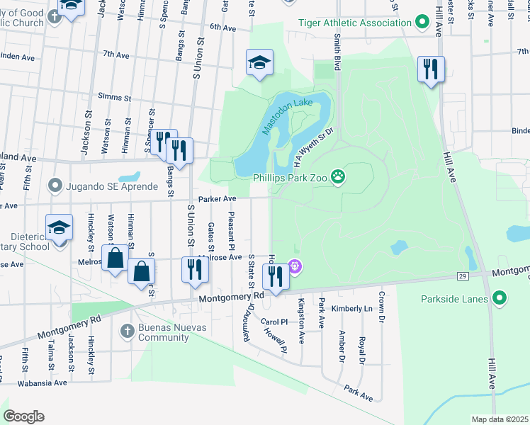 map of restaurants, bars, coffee shops, grocery stores, and more near 1132 South State Street in Aurora
