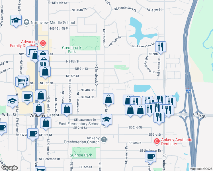 map of restaurants, bars, coffee shops, grocery stores, and more near 417 Northeast Trilein Drive in Ankeny
