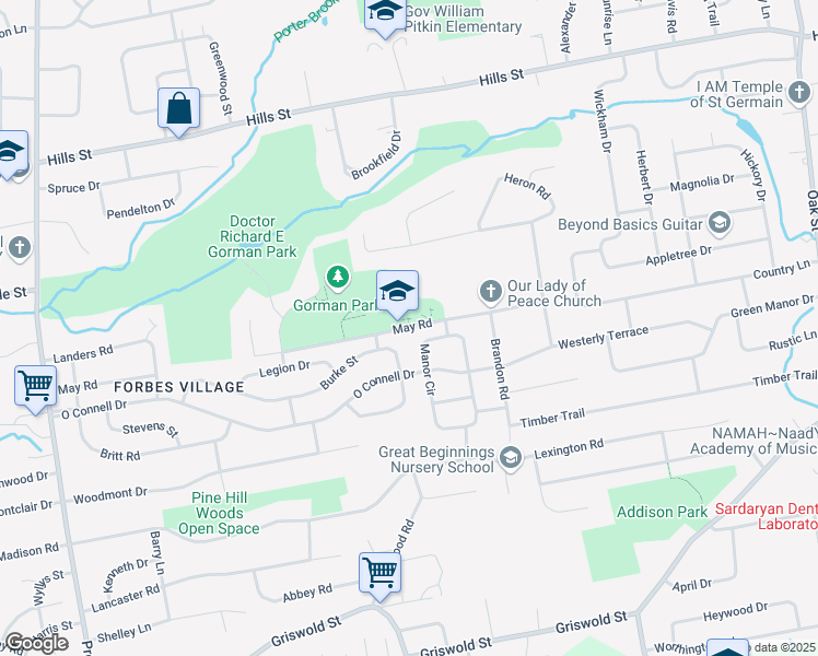 map of restaurants, bars, coffee shops, grocery stores, and more near 305 May Road in East Hartford