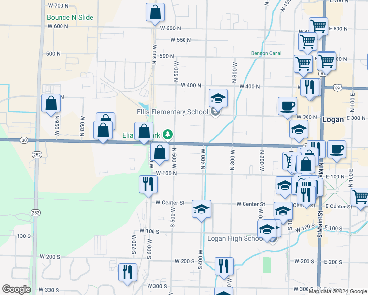 map of restaurants, bars, coffee shops, grocery stores, and more near 466 West 200 North in Logan