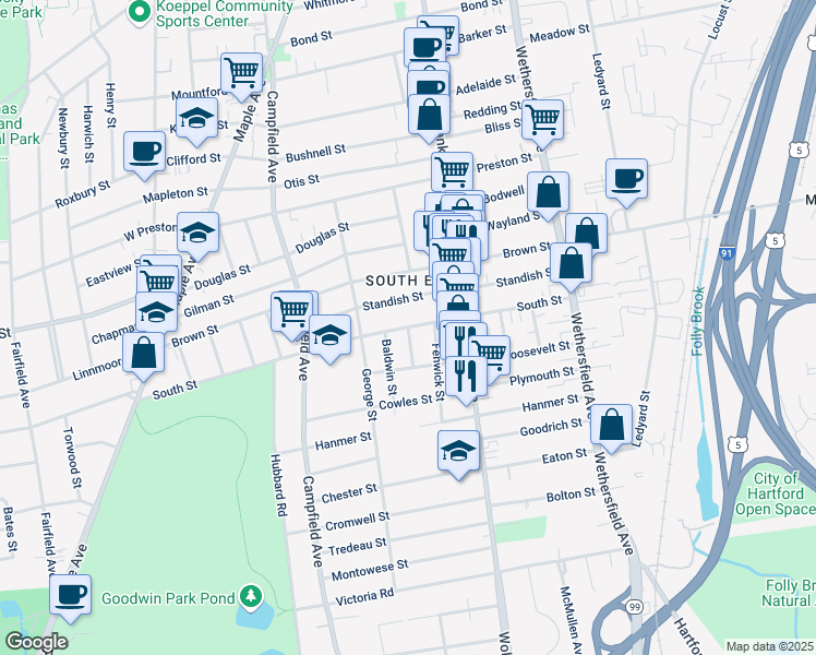 map of restaurants, bars, coffee shops, grocery stores, and more near Dover Street in Hartford