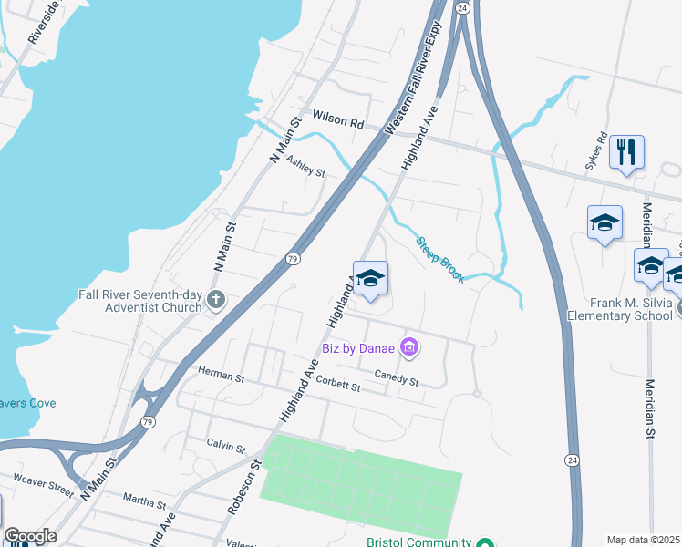map of restaurants, bars, coffee shops, grocery stores, and more near 2446 Highland Avenue in Fall River