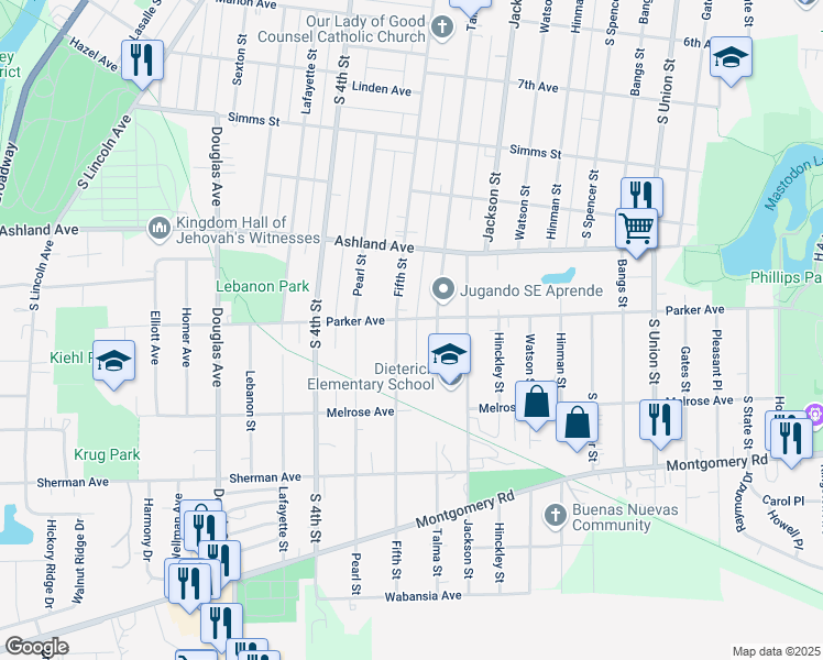 map of restaurants, bars, coffee shops, grocery stores, and more near 1129 Talma Street in Aurora