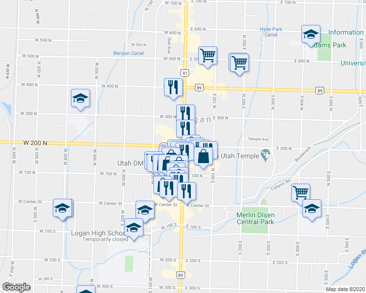 map of restaurants, bars, coffee shops, grocery stores, and more near 0 Highway 30 in Logan
