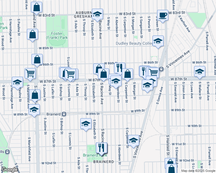 map of restaurants, bars, coffee shops, grocery stores, and more near 8720 South May Street in Chicago
