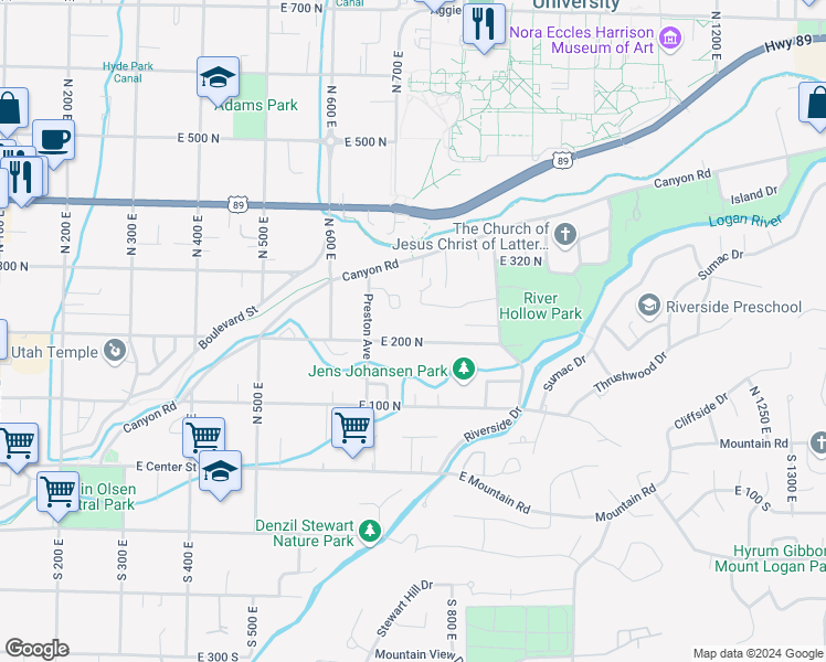 map of restaurants, bars, coffee shops, grocery stores, and more near 728 East 200 North in Logan