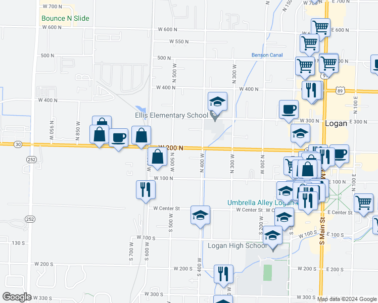 map of restaurants, bars, coffee shops, grocery stores, and more near 165 1/2 North 400 West in Logan