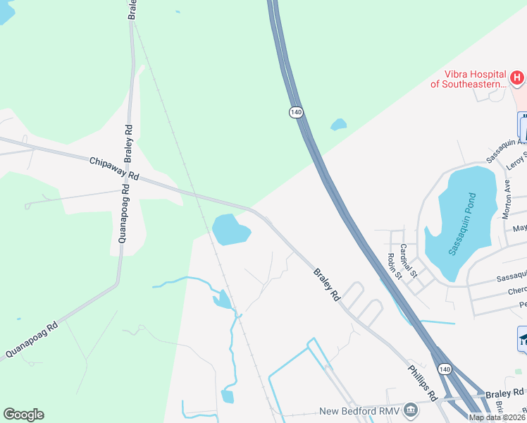map of restaurants, bars, coffee shops, grocery stores, and more near 1595 Braley Road in New Bedford