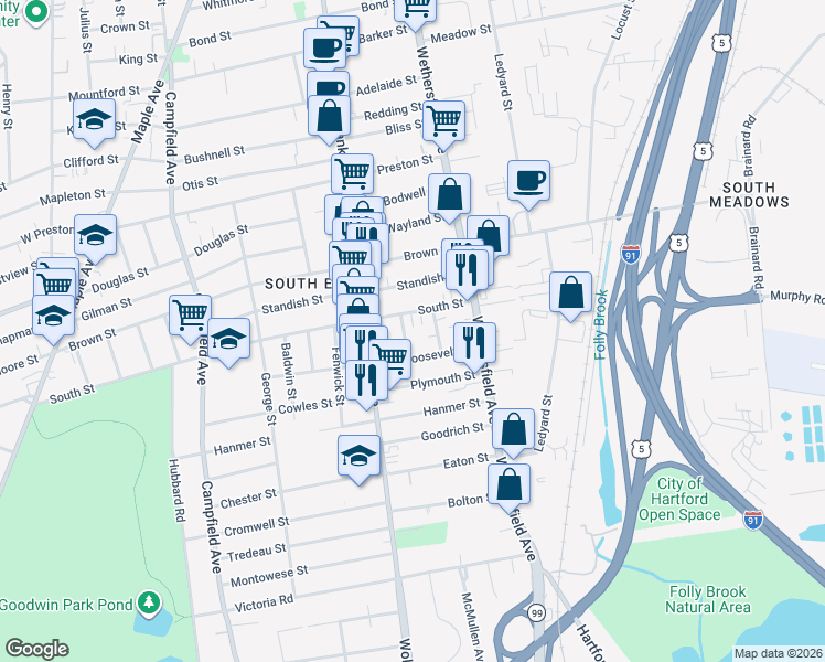 map of restaurants, bars, coffee shops, grocery stores, and more near 64 Roosevelt Street in Hartford