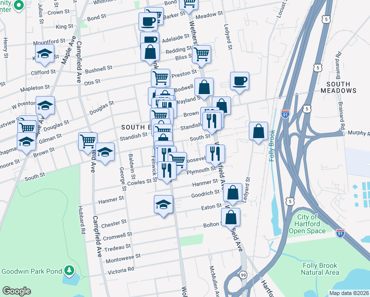 map of restaurants, bars, coffee shops, grocery stores, and more near 64 Roosevelt Street in Hartford