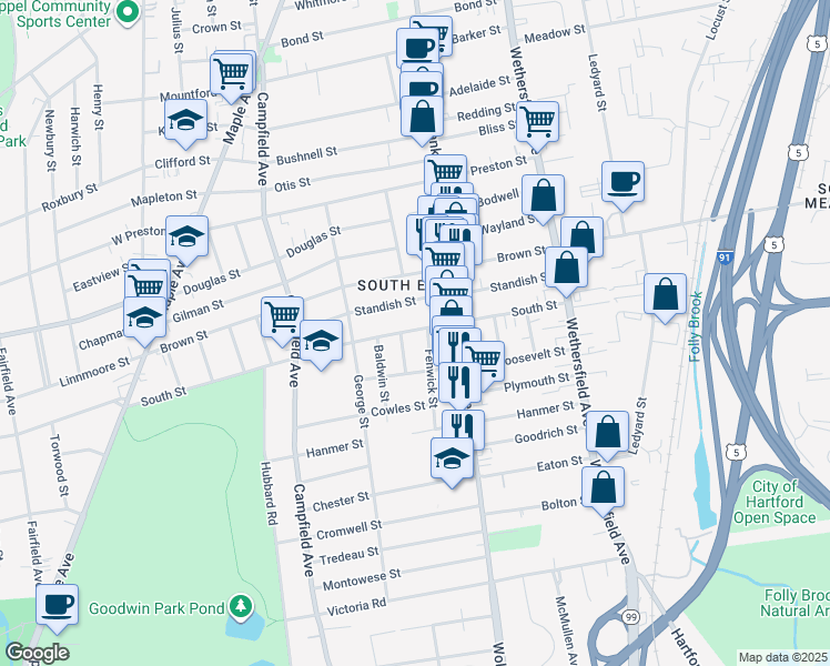 map of restaurants, bars, coffee shops, grocery stores, and more near 23 Fenwick Street in Hartford