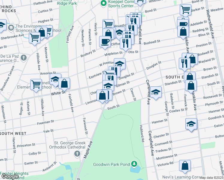 map of restaurants, bars, coffee shops, grocery stores, and more near 893 Maple Avenue in Hartford