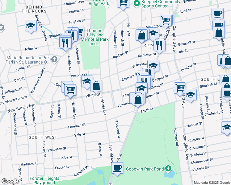map of restaurants, bars, coffee shops, grocery stores, and more near 275 Grandview Terrace in Hartford