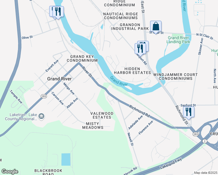 map of restaurants, bars, coffee shops, grocery stores, and more near 1059 Richmond Road in Painesville