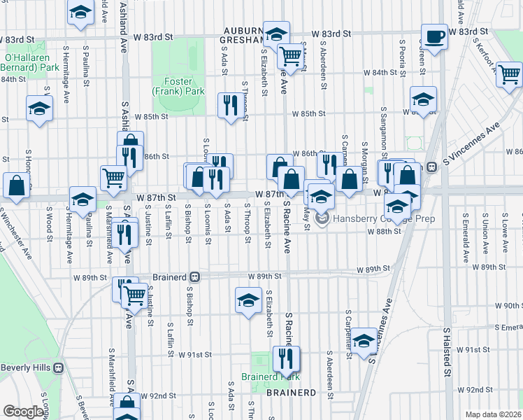 map of restaurants, bars, coffee shops, grocery stores, and more near 8751 South Throop Street in Chicago