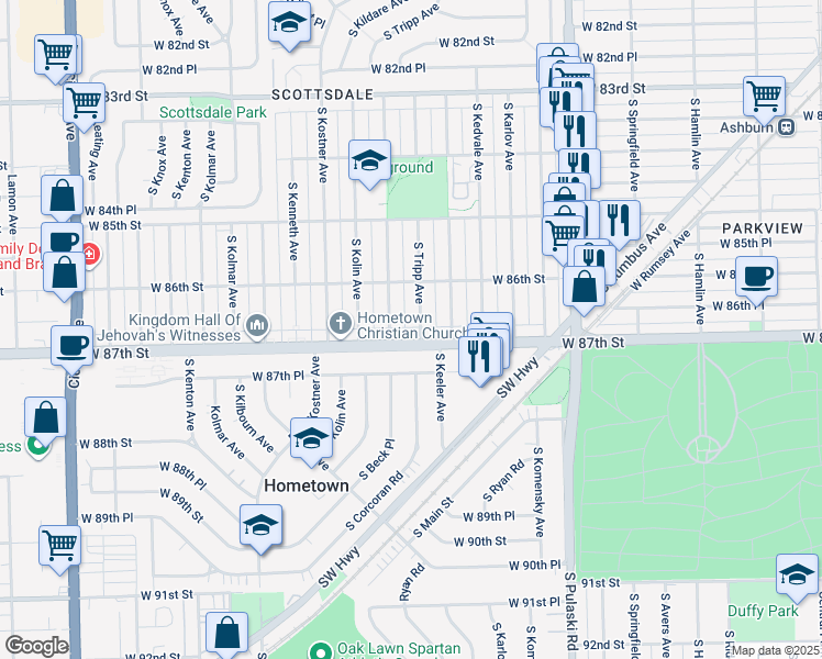 map of restaurants, bars, coffee shops, grocery stores, and more near 4221 West 87th Street in Hometown
