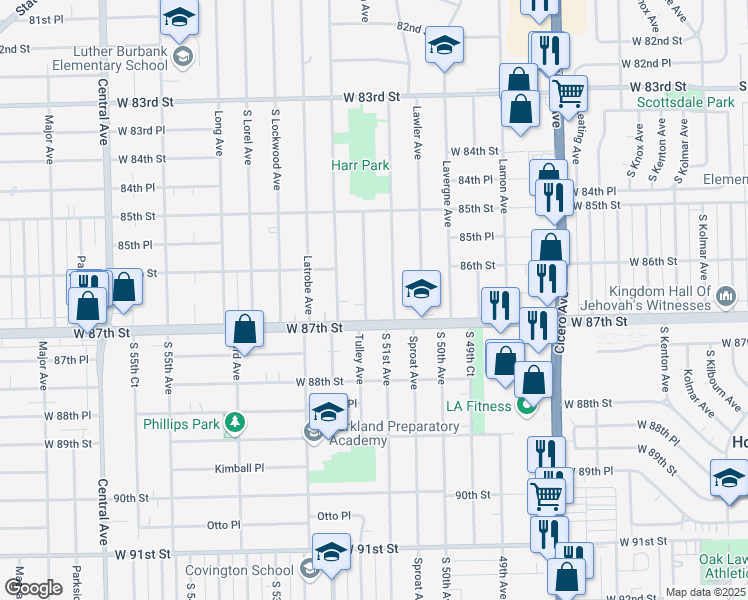 map of restaurants, bars, coffee shops, grocery stores, and more near 5106 West 87th Street in Oak Lawn
