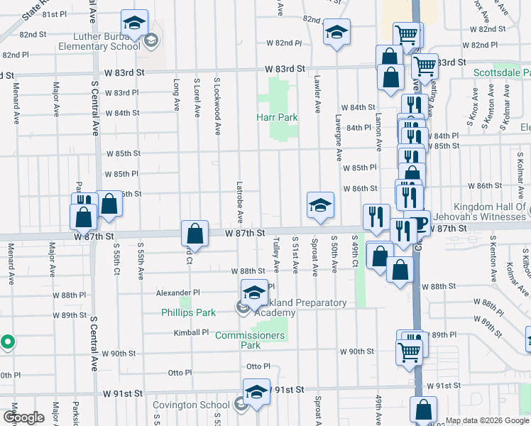 map of restaurants, bars, coffee shops, grocery stores, and more near 5172 West 87th Street in Burbank