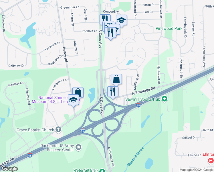 map of restaurants, bars, coffee shops, grocery stores, and more near 8425A Captons Lane in Darien