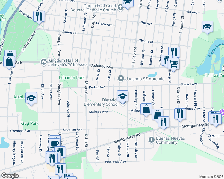 map of restaurants, bars, coffee shops, grocery stores, and more near 1129 Talma Street in Aurora