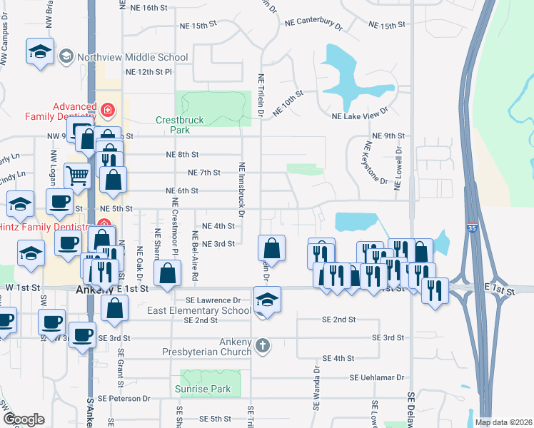 map of restaurants, bars, coffee shops, grocery stores, and more near 317 Northeast Trilein Drive in Ankeny