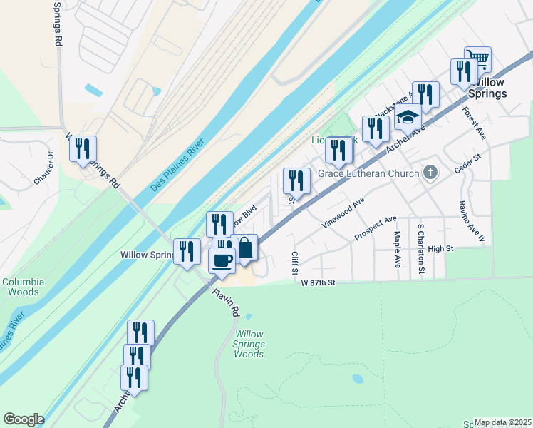 map of restaurants, bars, coffee shops, grocery stores, and more near 138 Willow Boulevard in Willow Springs