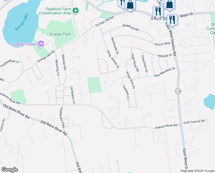 map of restaurants, bars, coffee shops, grocery stores, and more near 57 Terrace Hill Drive in Dennis